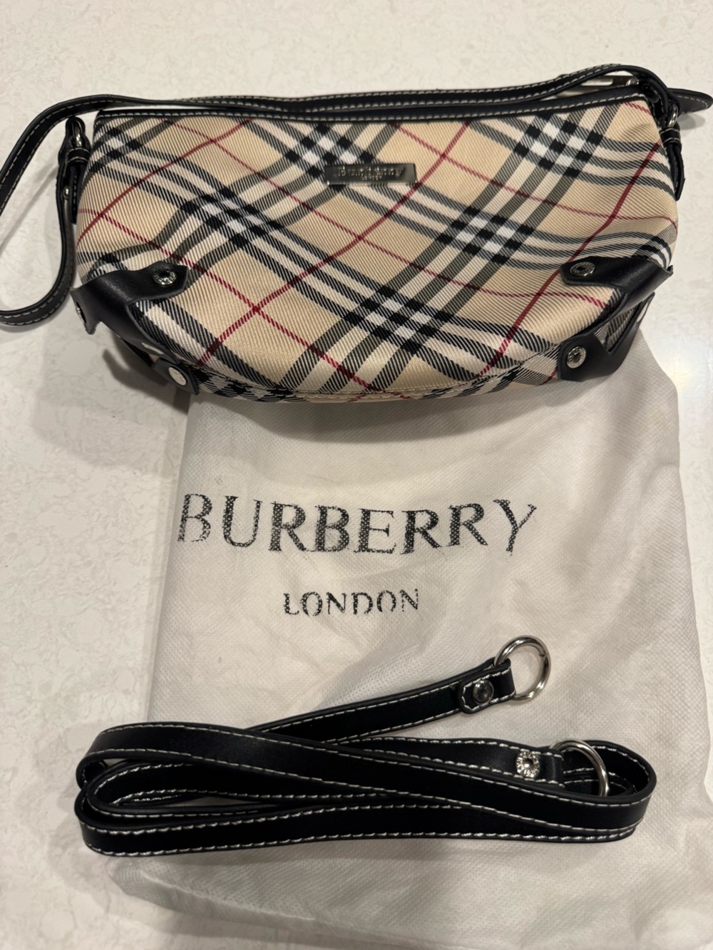 Burberry Beige Check Canvas Shoulder Bag with Black & Red Accents